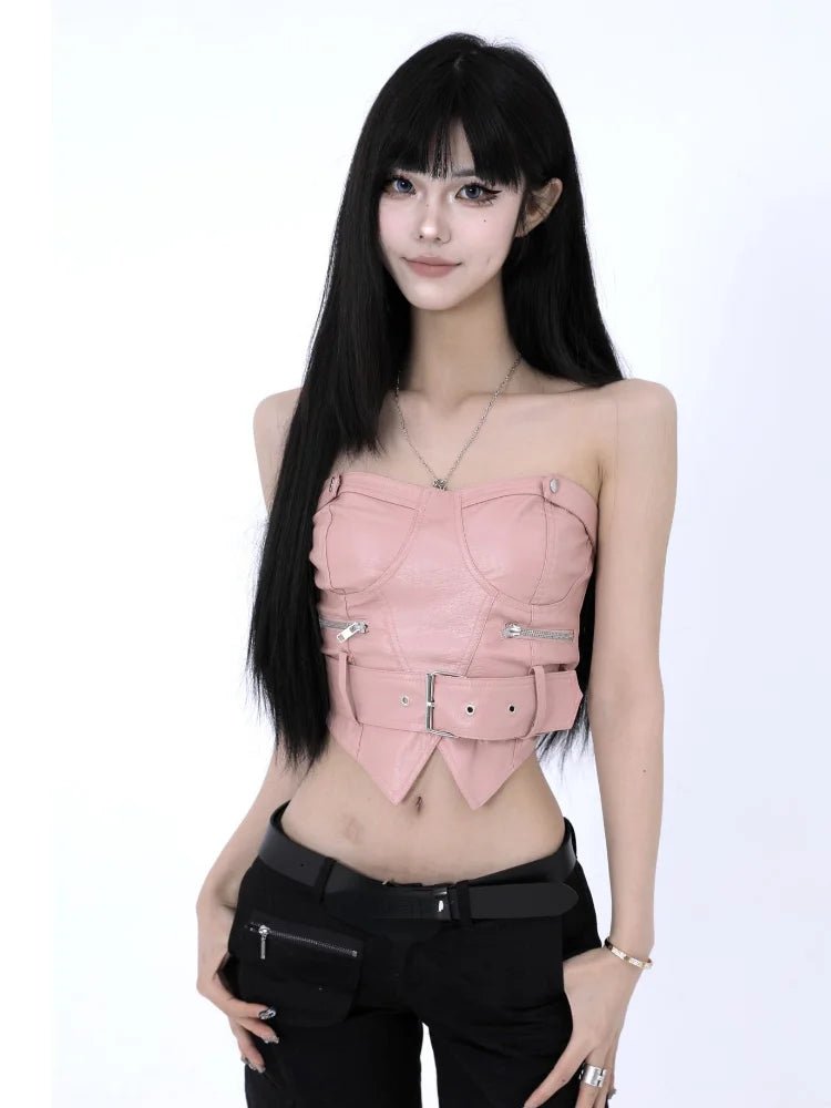 Y2k Aesthetic Off Shoulder Sexy PU Tube Slim Korean Fashion Sleeveless Cropped Tops Women Chain Zipper Patchwork Casual Tank Top - SS69
