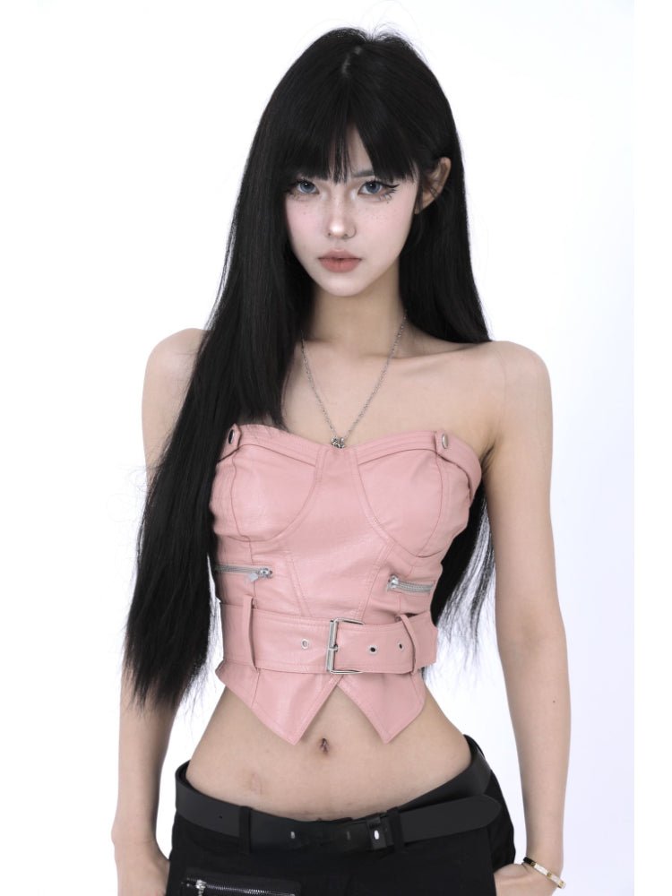 Y2k Aesthetic Off Shoulder Sexy PU Tube Slim Korean Fashion Sleeveless Cropped Tops Women Chain Zipper Patchwork Casual Tank Top - SS69
