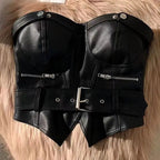 Y2k Aesthetic Off Shoulder Sexy PU Tube Slim Korean Fashion Sleeveless Cropped Tops Women Chain Zipper Patchwork Casual Tank Top - SS69
