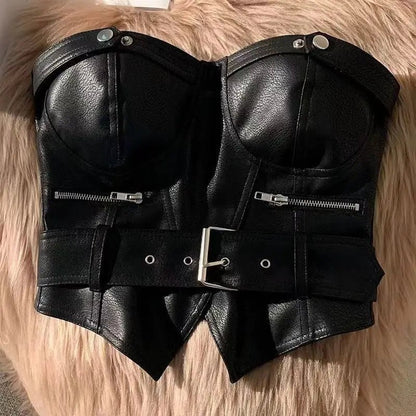 Y2k Aesthetic Off Shoulder Sexy PU Tube Slim Korean Fashion Sleeveless Cropped Tops Women Chain Zipper Patchwork Casual Tank Top - SS69