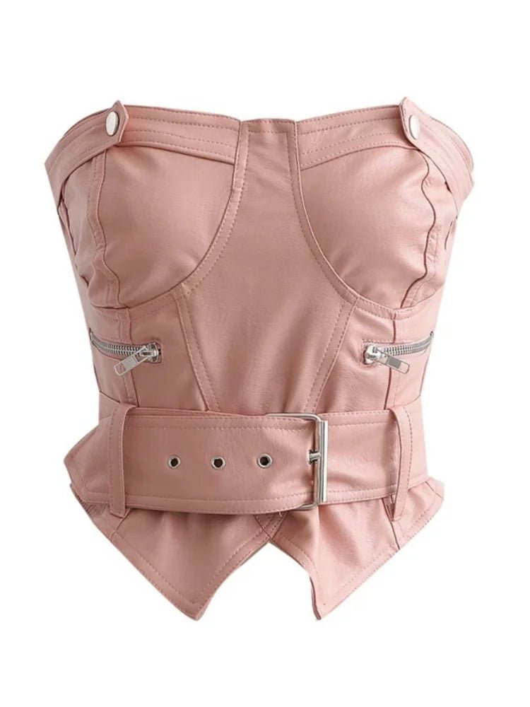 Y2k Aesthetic Off Shoulder Sexy PU Tube Slim Korean Fashion Sleeveless Cropped Tops Women Chain Zipper Patchwork Casual Tank Top - SS69