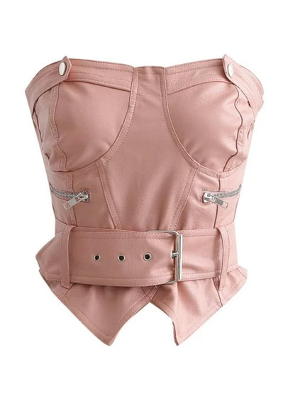 Y2k Aesthetic Off Shoulder Sexy PU Tube Slim Korean Fashion Sleeveless Cropped Tops Women Chain Zipper Patchwork Casual Tank Top - SS69