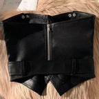 Y2k Aesthetic Off Shoulder Sexy PU Tube Slim Korean Fashion Sleeveless Cropped Tops Women Chain Zipper Patchwork Casual Tank Top - SS69