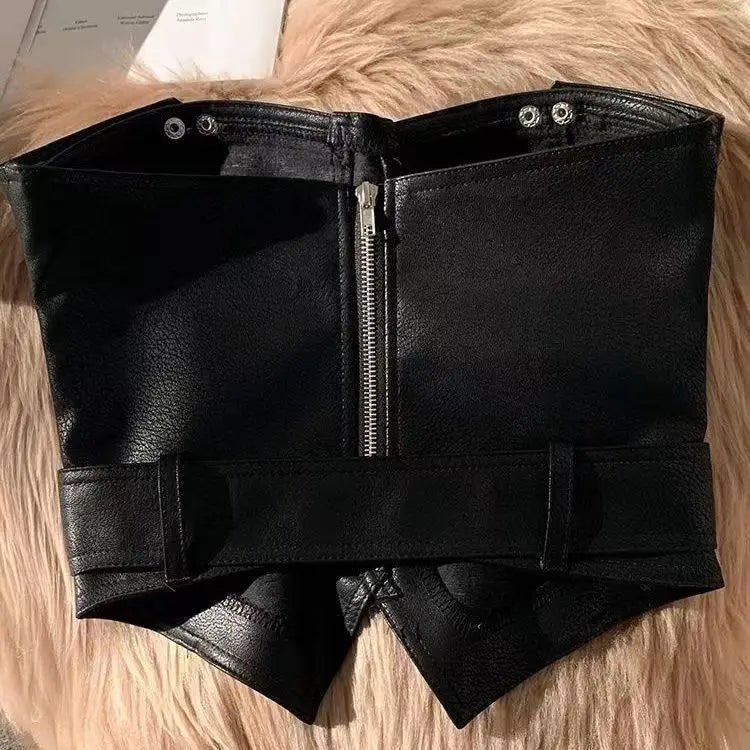 Y2k Aesthetic Off Shoulder Sexy PU Tube Slim Korean Fashion Sleeveless Cropped Tops Women Chain Zipper Patchwork Casual Tank Top - SS69