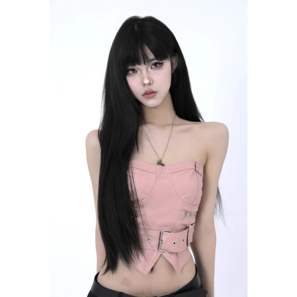 Y2k Aesthetic Off Shoulder Sexy PU Tube Slim Korean Fashion Sleeveless Cropped Tops Women Chain Zipper Patchwork Casual Tank Top - SS69