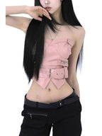 Y2k Aesthetic Off Shoulder Sexy PU Tube Slim Korean Fashion Sleeveless Cropped Tops Women Chain Zipper Patchwork Casual Tank Top - SS69