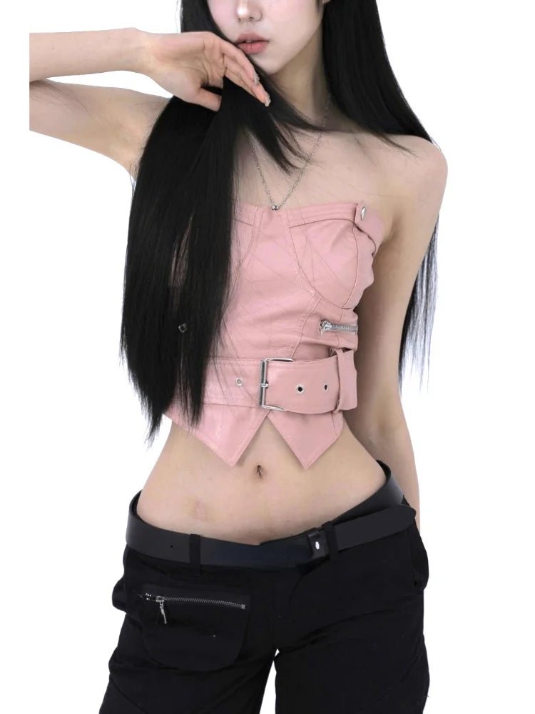 Y2k Aesthetic Off Shoulder Sexy PU Tube Slim Korean Fashion Sleeveless Cropped Tops Women Chain Zipper Patchwork Casual Tank Top - SS69