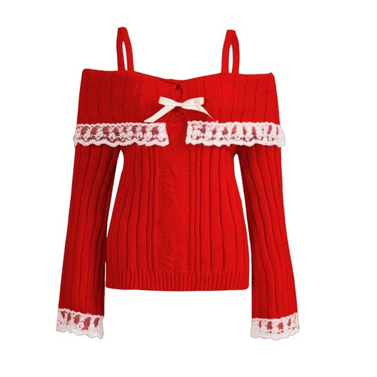Y2k Cable Knitted Ribbon Tie - up Sweater Kawaii Lace Trim Off Shoulder Pullovers Preppy Aesthetic Vintage Jumpers Cute Outfits - SS69