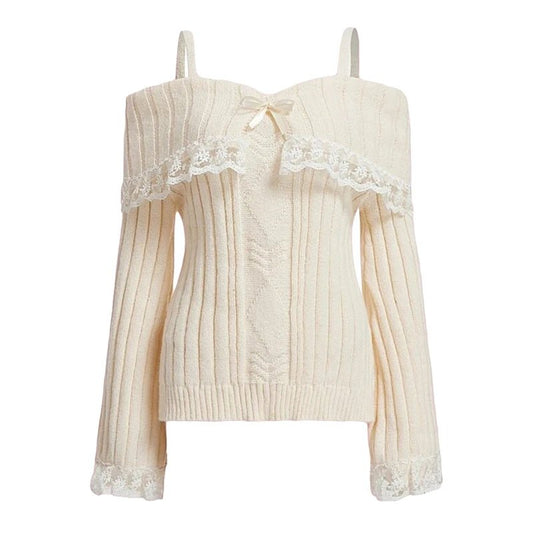 Y2k Cable Knitted Ribbon Tie - up Sweater Kawaii Lace Trim Off Shoulder Pullovers Preppy Aesthetic Vintage Jumpers Cute Outfits - SS69