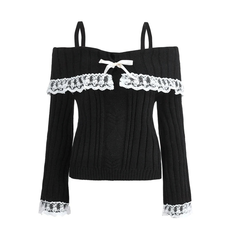 Y2k Cable Knitted Ribbon Tie - up Sweater Kawaii Lace Trim Off Shoulder Pullovers Preppy Aesthetic Vintage Jumpers Cute Outfits - SS69