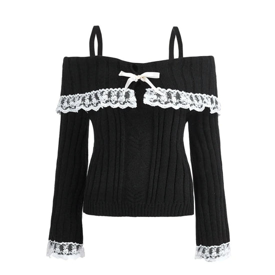 Y2k Cable Knitted Ribbon Tie - up Sweater Kawaii Lace Trim Off Shoulder Pullovers Preppy Aesthetic Vintage Jumpers Cute Outfits - SS69