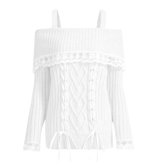 Y2k Cable Knitted Ribbon Tie - up Sweater Kawaii Lace Trim Off Shoulder Pullovers Preppy Aesthetic Vintage Jumpers Cute Outfits - SS69