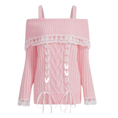 Y2k Cable Knitted Ribbon Tie - up Sweater Kawaii Lace Trim Off Shoulder Pullovers Preppy Aesthetic Vintage Jumpers Cute Outfits - SS69