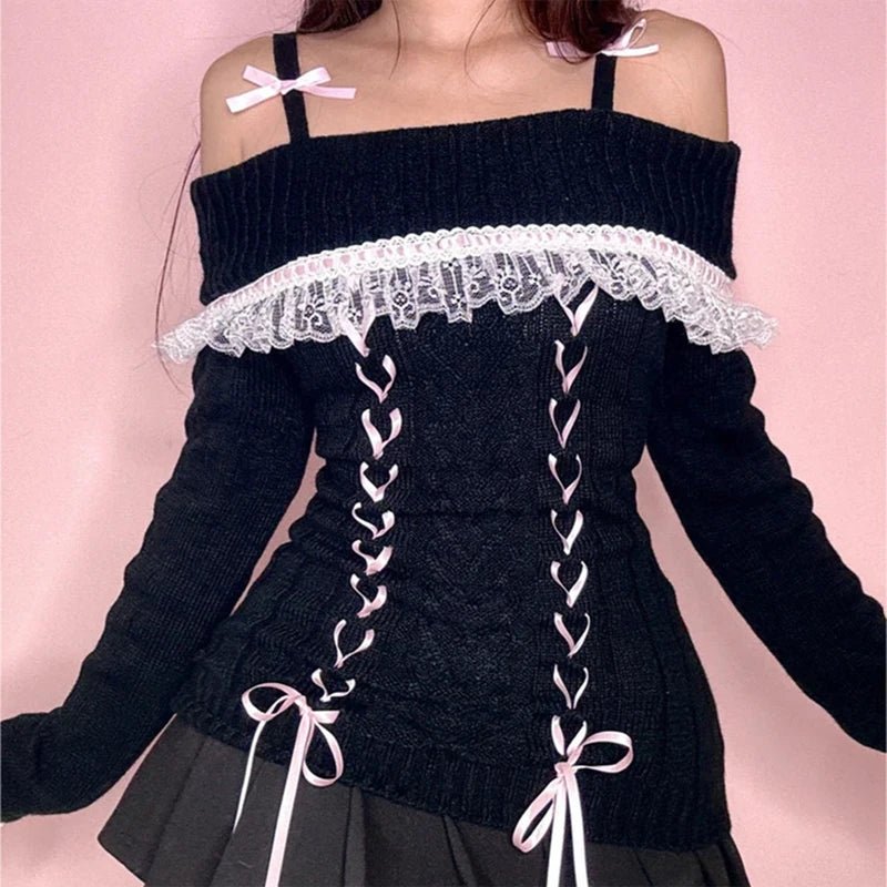 Y2k Cable Knitted Ribbon Tie - up Sweater Kawaii Lace Trim Off Shoulder Pullovers Preppy Aesthetic Vintage Jumpers Cute Outfits - SS69