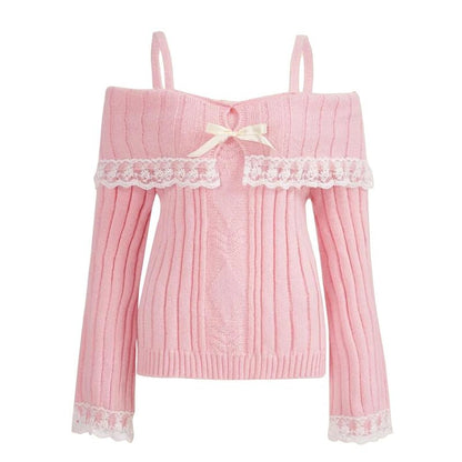 Y2k Cable Knitted Ribbon Tie - up Sweater Kawaii Lace Trim Off Shoulder Pullovers Preppy Aesthetic Vintage Jumpers Cute Outfits - SS69
