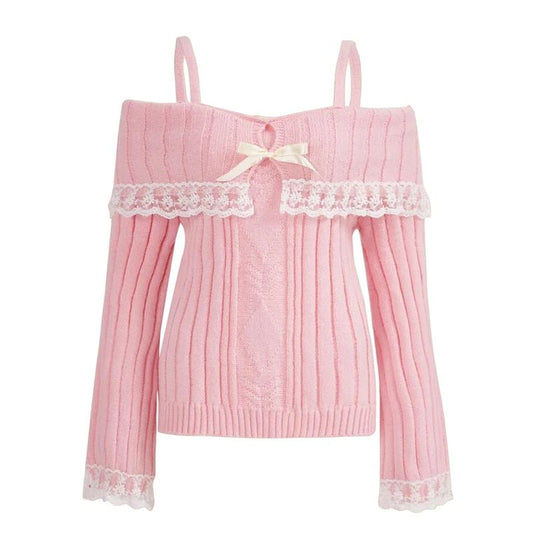 Y2k Cable Knitted Ribbon Tie - up Sweater Kawaii Lace Trim Off Shoulder Pullovers Preppy Aesthetic Vintage Jumpers Cute Outfits - SS69