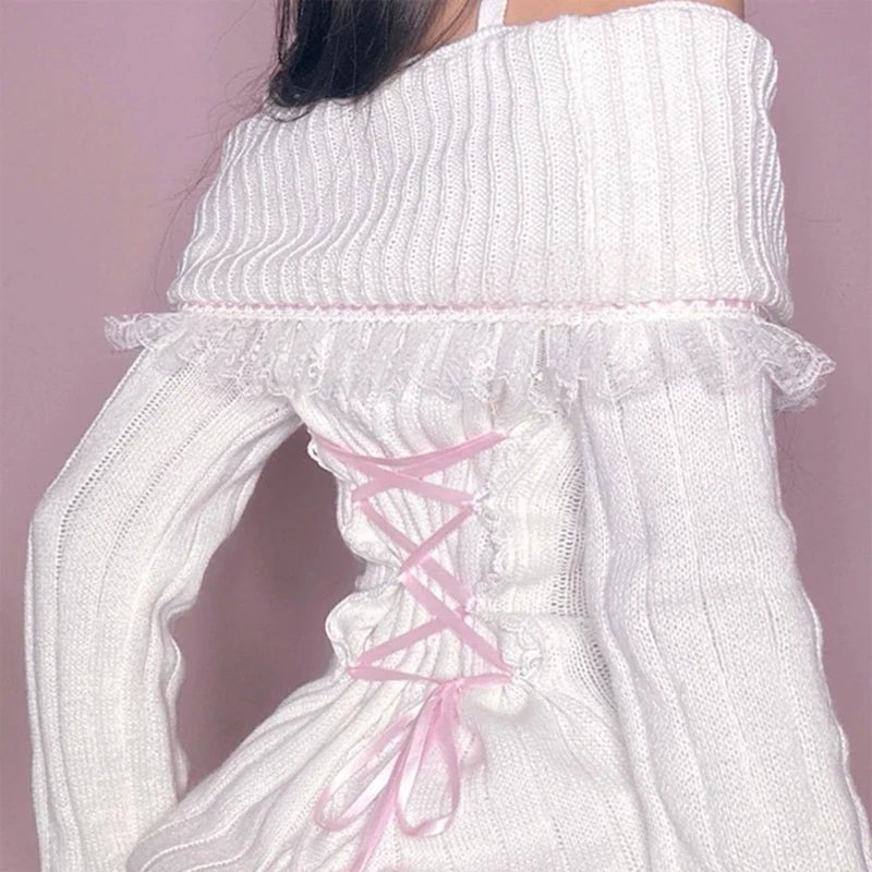 Y2k Cable Knitted Ribbon Tie - up Sweater Kawaii Lace Trim Off Shoulder Pullovers Preppy Aesthetic Vintage Jumpers Cute Outfits - SS69